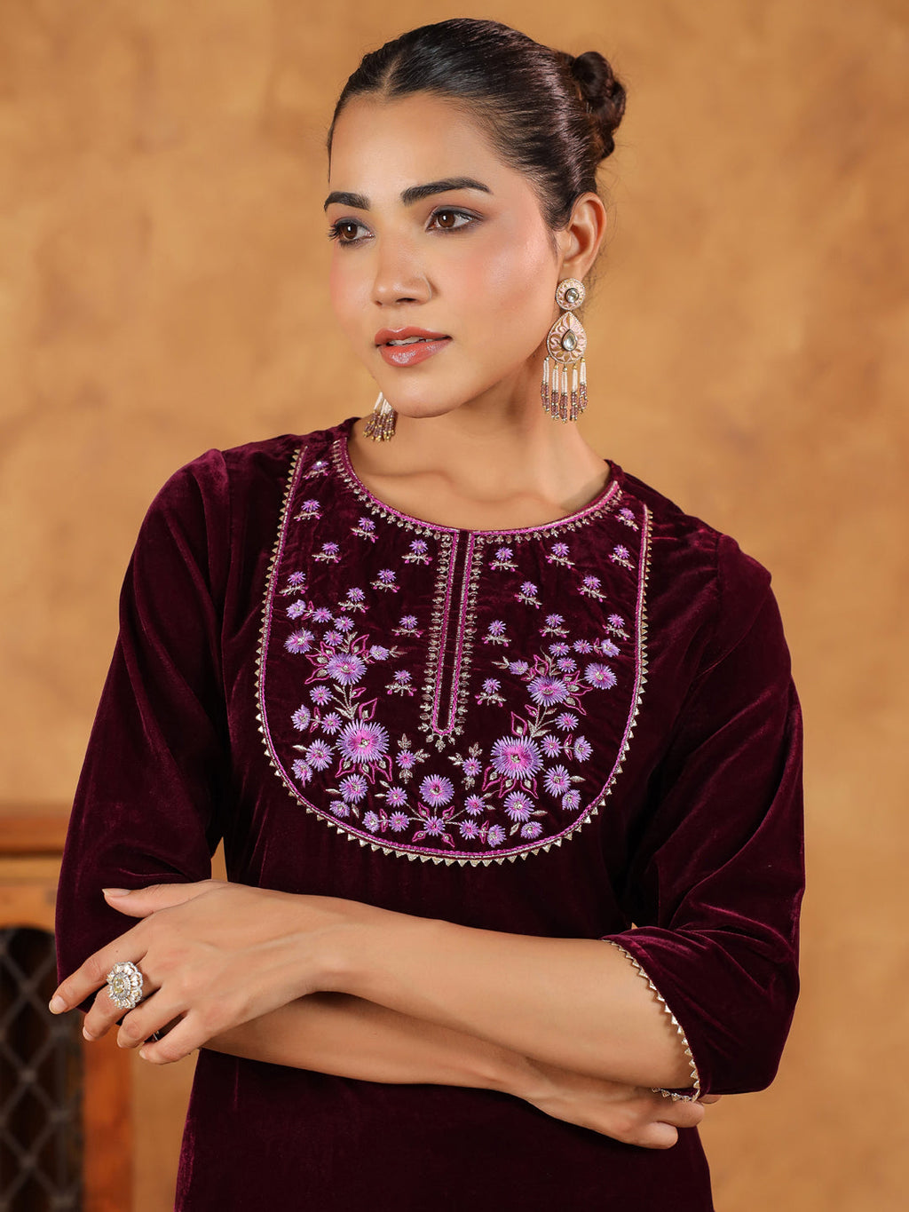 Janasya Wine Velvet Embroidered Kurta & Bottom | Grocsy
