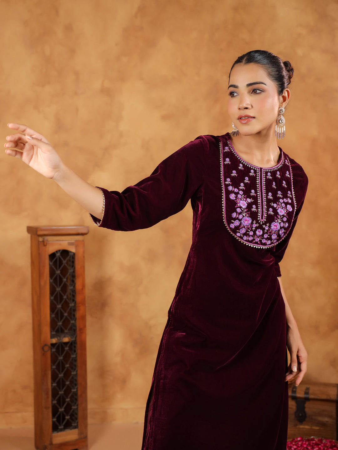 Janasya Wine Velvet Embroidered Kurta & Bottom | Grocsy