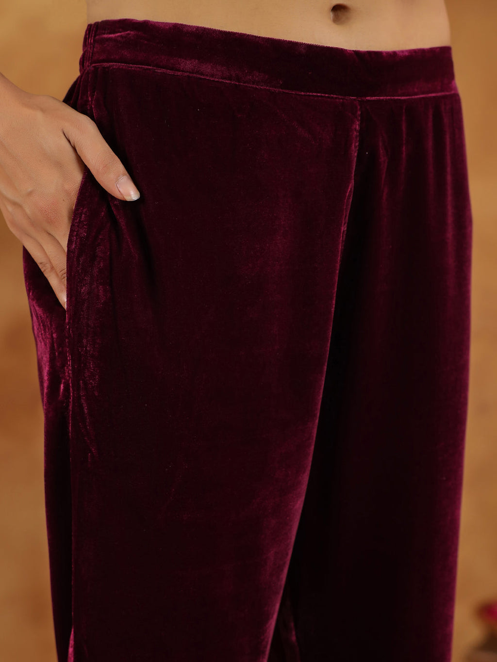 Janasya Wine Velvet Embroidered Kurta & Bottom | Grocsy