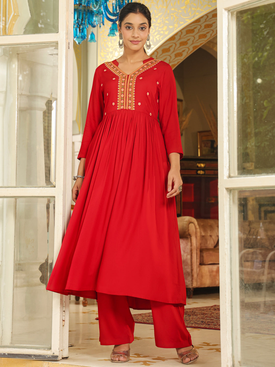Janasya Maroon Rayon Embroidered Kurta & Bottom | Grocsy