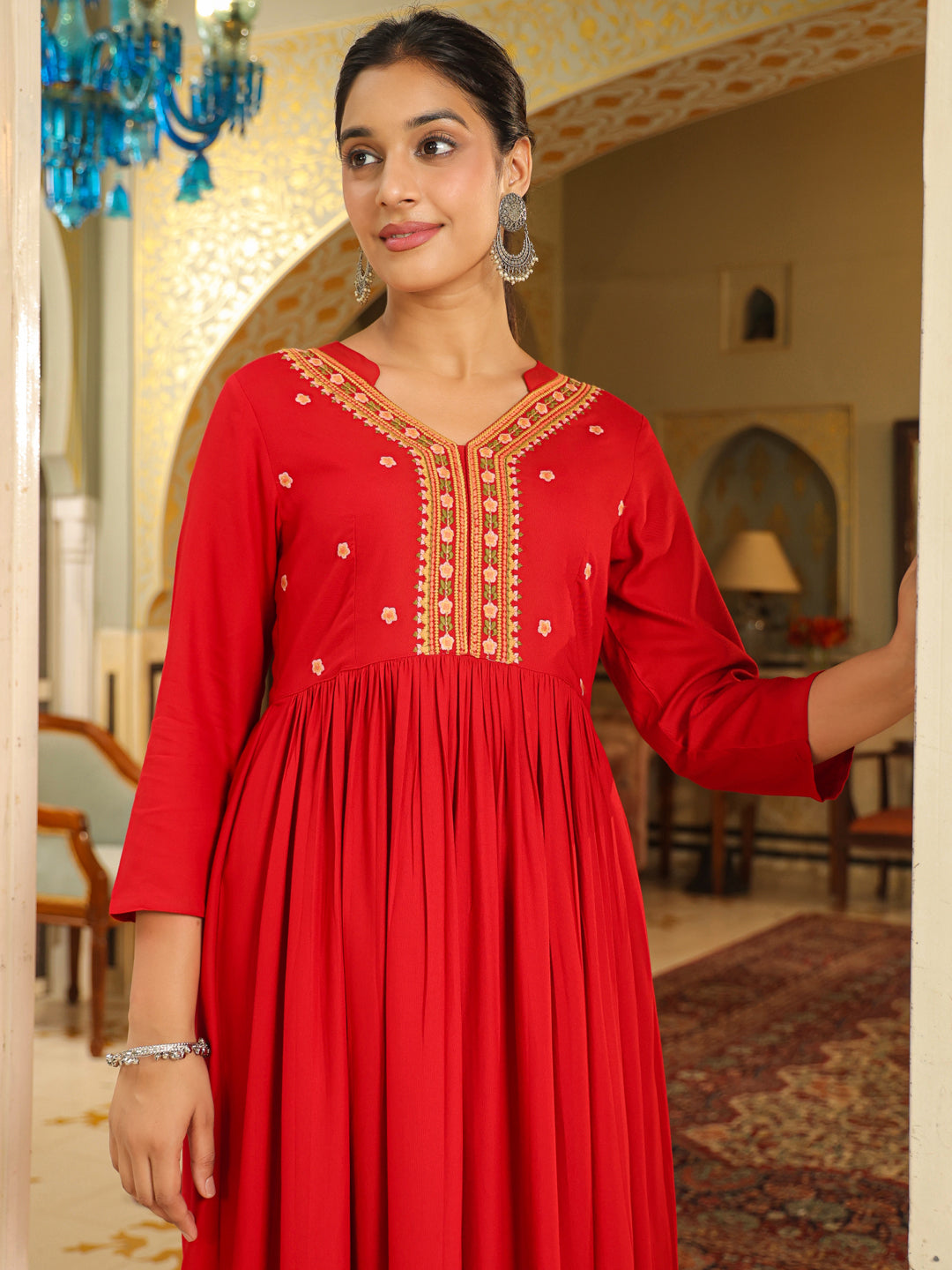 Janasya Maroon Rayon Embroidered Kurta & Bottom | Grocsy