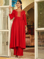 Janasya Maroon Rayon Embroidered Kurta & Bottom | Grocsy