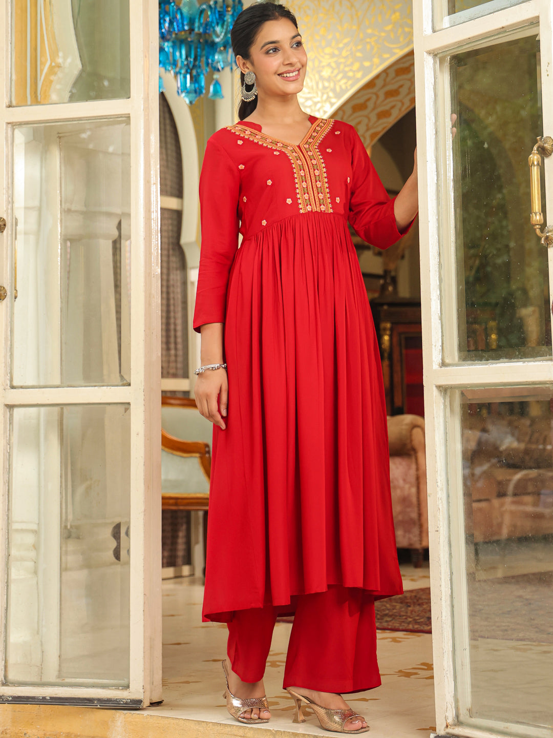 Janasya Maroon Rayon Embroidered Kurta & Bottom | Grocsy
