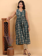 Janasya Dark Green Cambric Ethnic Motifs Kurta | Grocsy