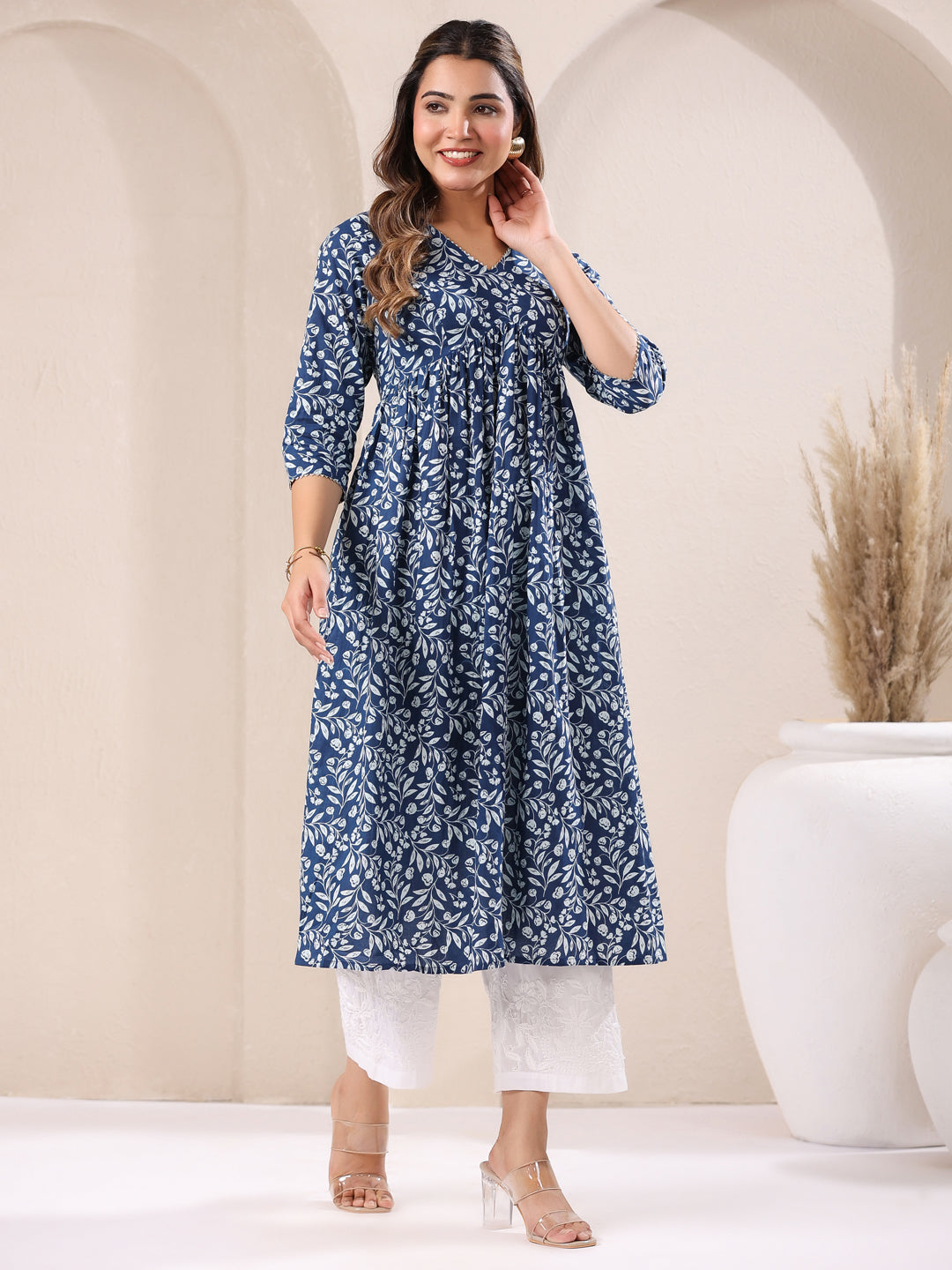 Janasya Dark Cotton Floral A-Line Kurta | Grocsy