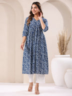Janasya Dark Cotton Floral A-Line Kurta | Grocsy