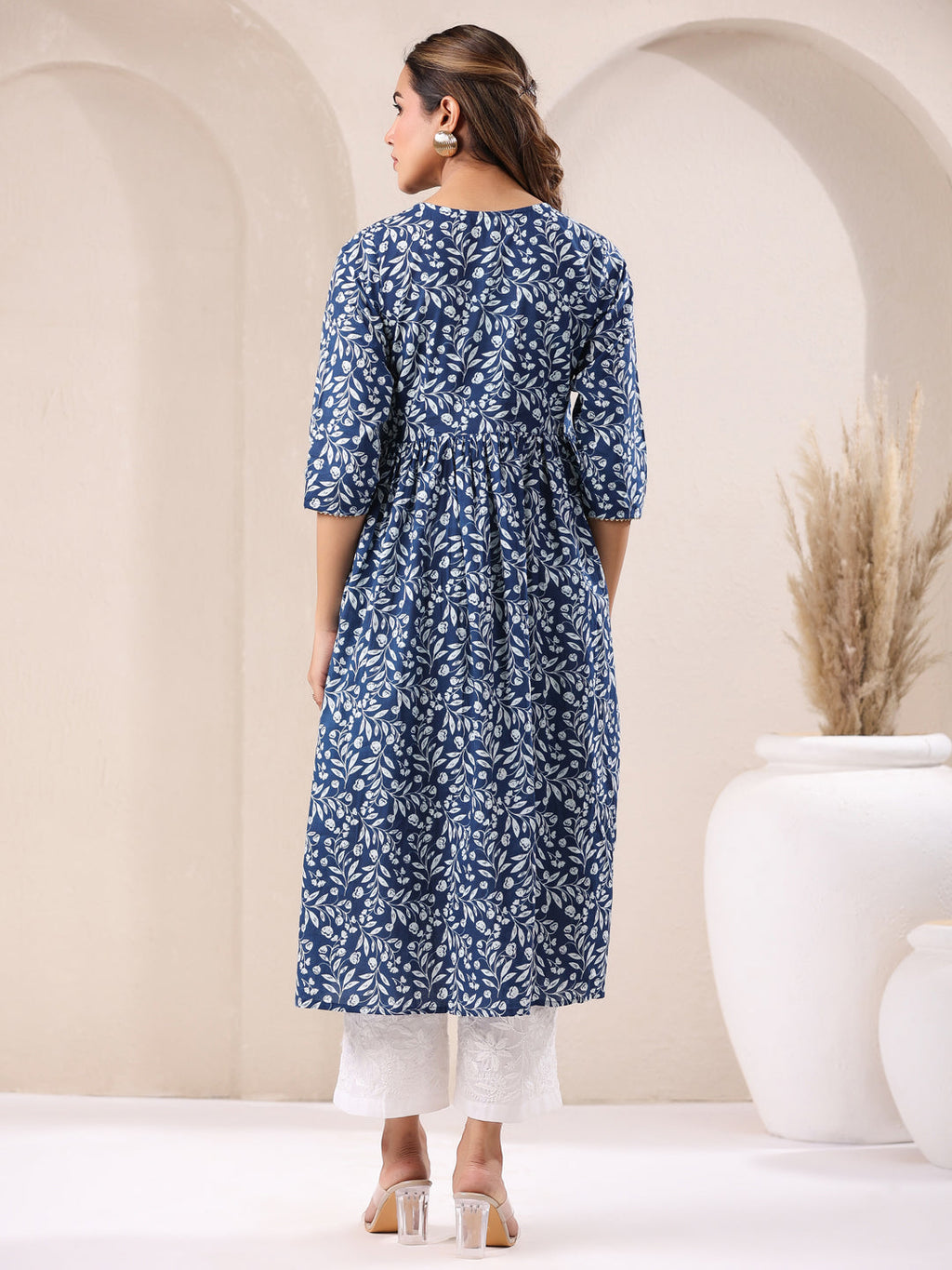 Janasya Dark Cotton Floral A-Line Kurta | Grocsy