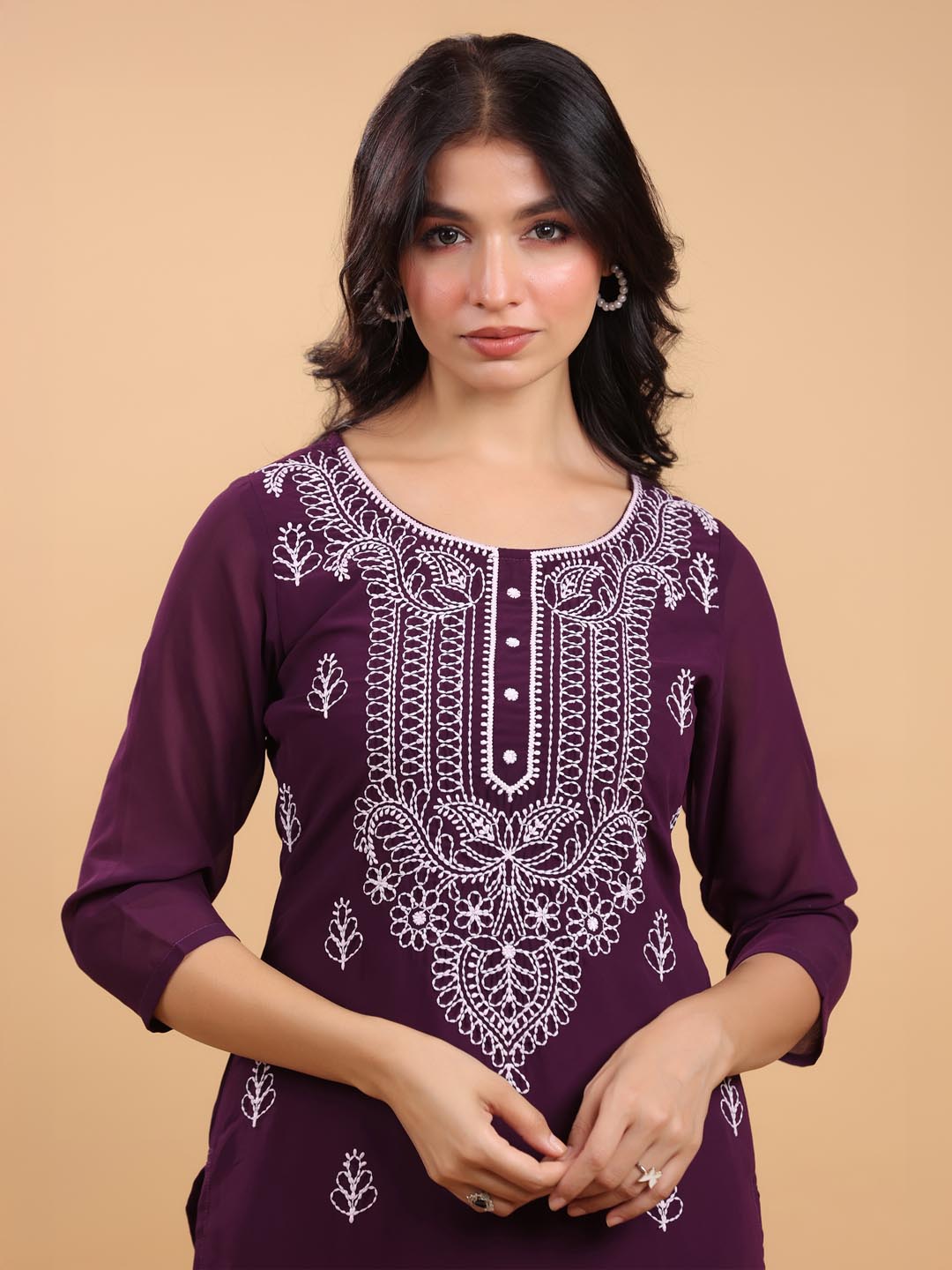 Janasya Purple Weightless Georgette Embroidered Kurta | Grocsy