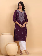Janasya Purple Weightless Georgette Embroidered Kurta | Grocsy