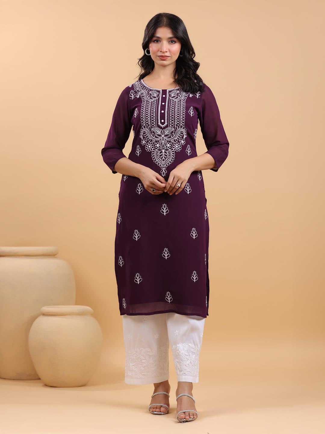 Janasya Purple Weightless Georgette Embroidered Kurta | Grocsy