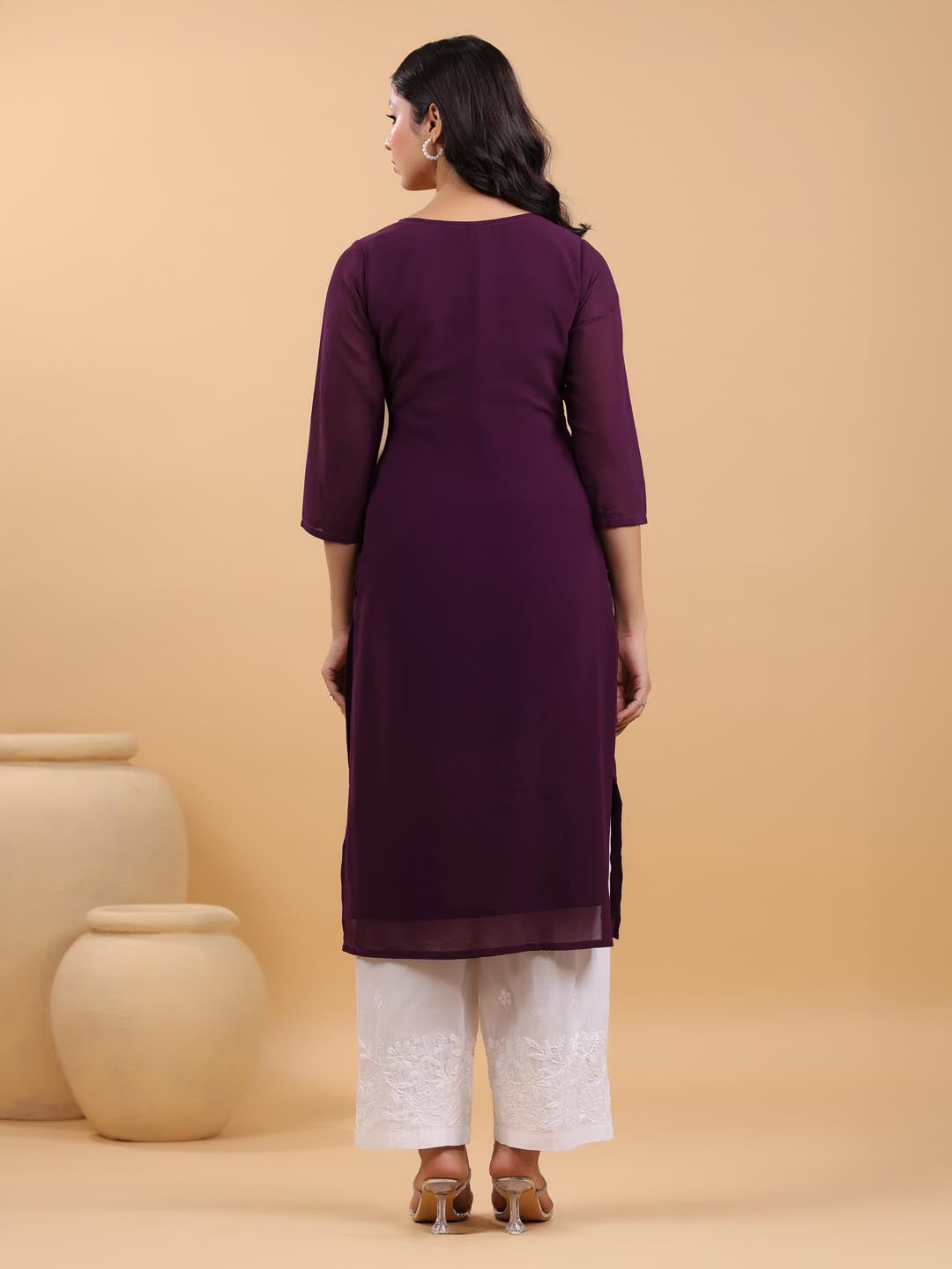 Janasya Purple Weightless Georgette Embroidered Kurta | Grocsy