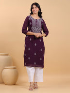 Janasya Purple Weightless Georgette Embroidered Kurta | Grocsy