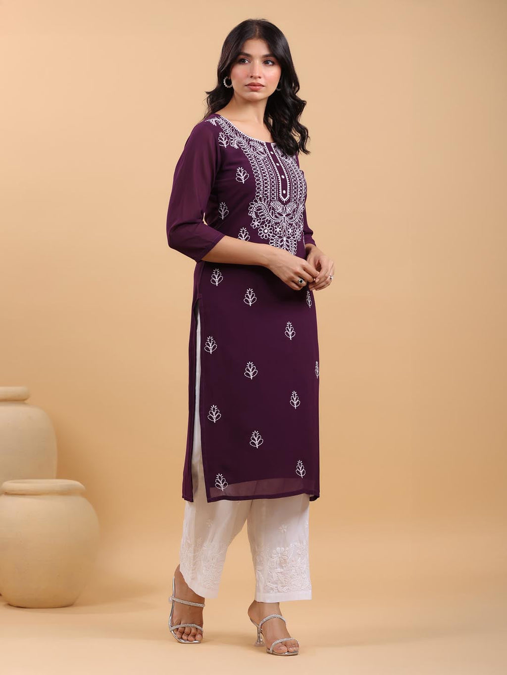 Janasya Purple Weightless Georgette Embroidered Kurta | Grocsy