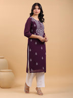 Janasya Purple Weightless Georgette Embroidered Kurta | Grocsy