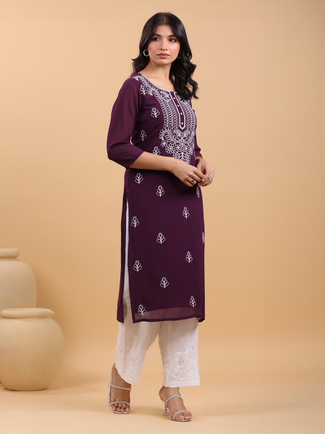 Janasya Purple Weightless Georgette Embroidered Kurta | Grocsy