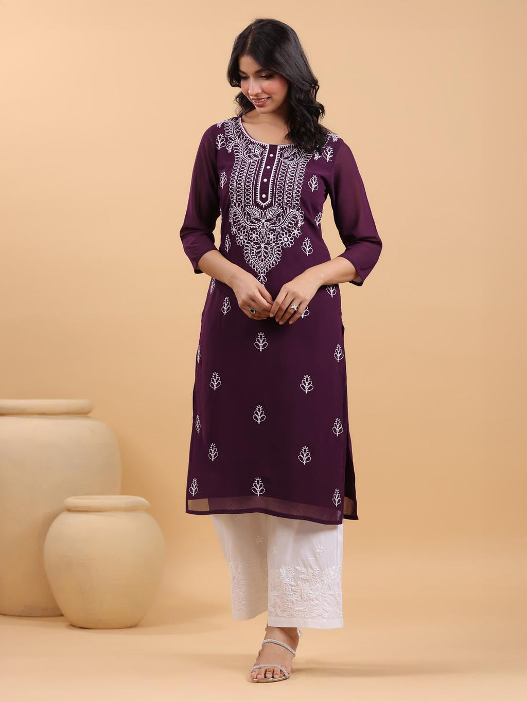 Janasya Purple Weightless Georgette Embroidered Kurta | Grocsy