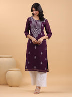 Janasya Purple Weightless Georgette Embroidered Kurta | Grocsy