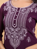 Janasya Purple Weightless Georgette Embroidered Kurta | Grocsy