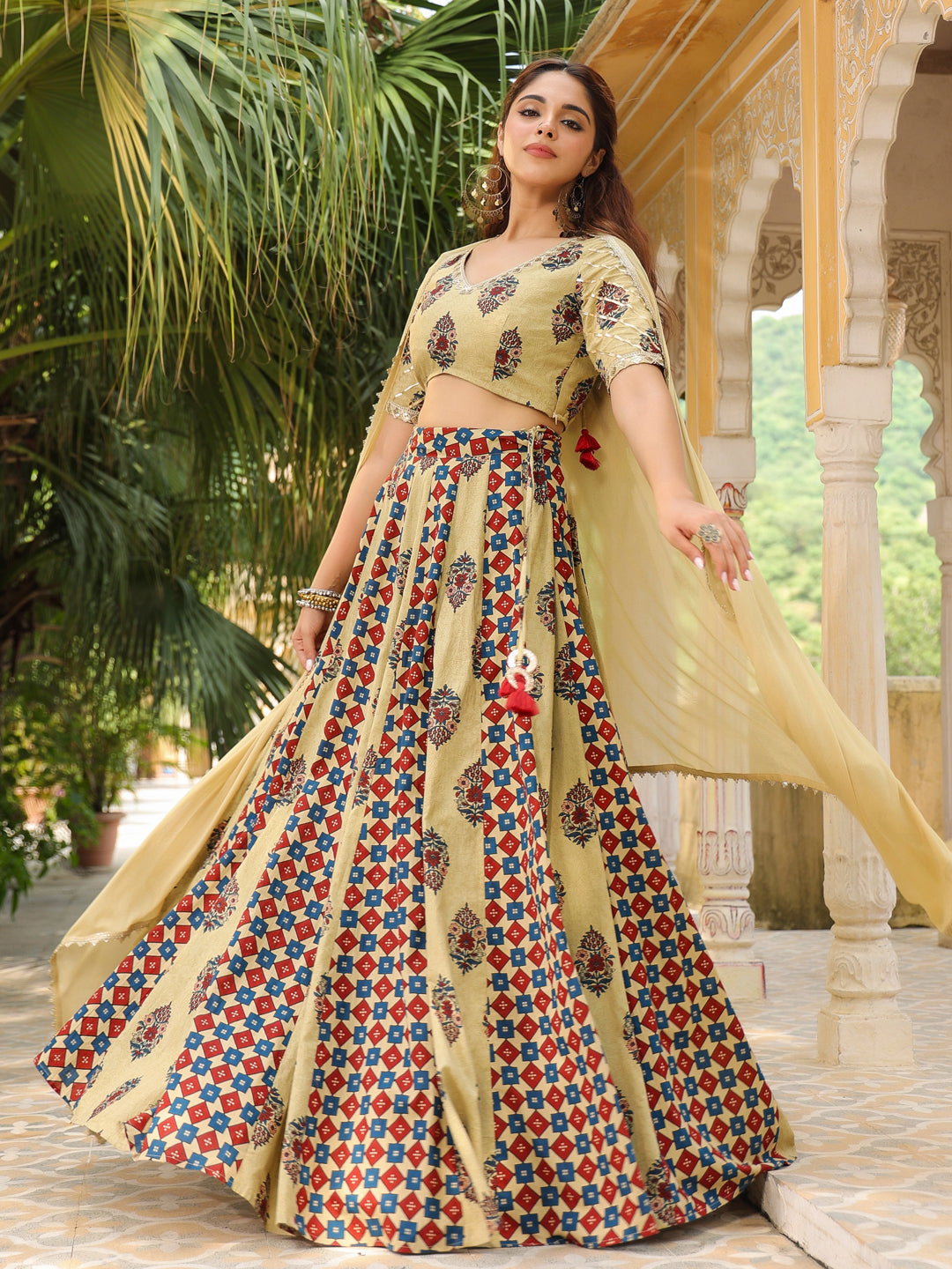 Janasya Beige Cambric Ethnic Motifs Lehenga Choli Dupatta | Grocsy