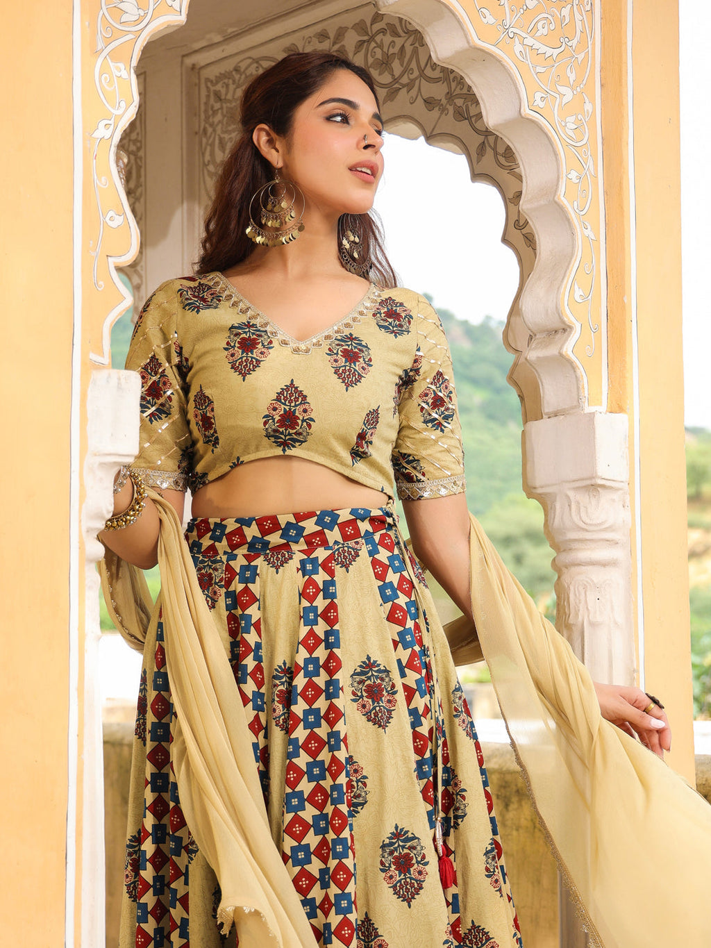 Janasya Beige Cambric Ethnic Motifs Lehenga Choli Dupatta | Grocsy