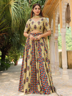 Janasya Beige Cambric Ethnic Motifs Lehenga Choli Dupatta | Grocsy