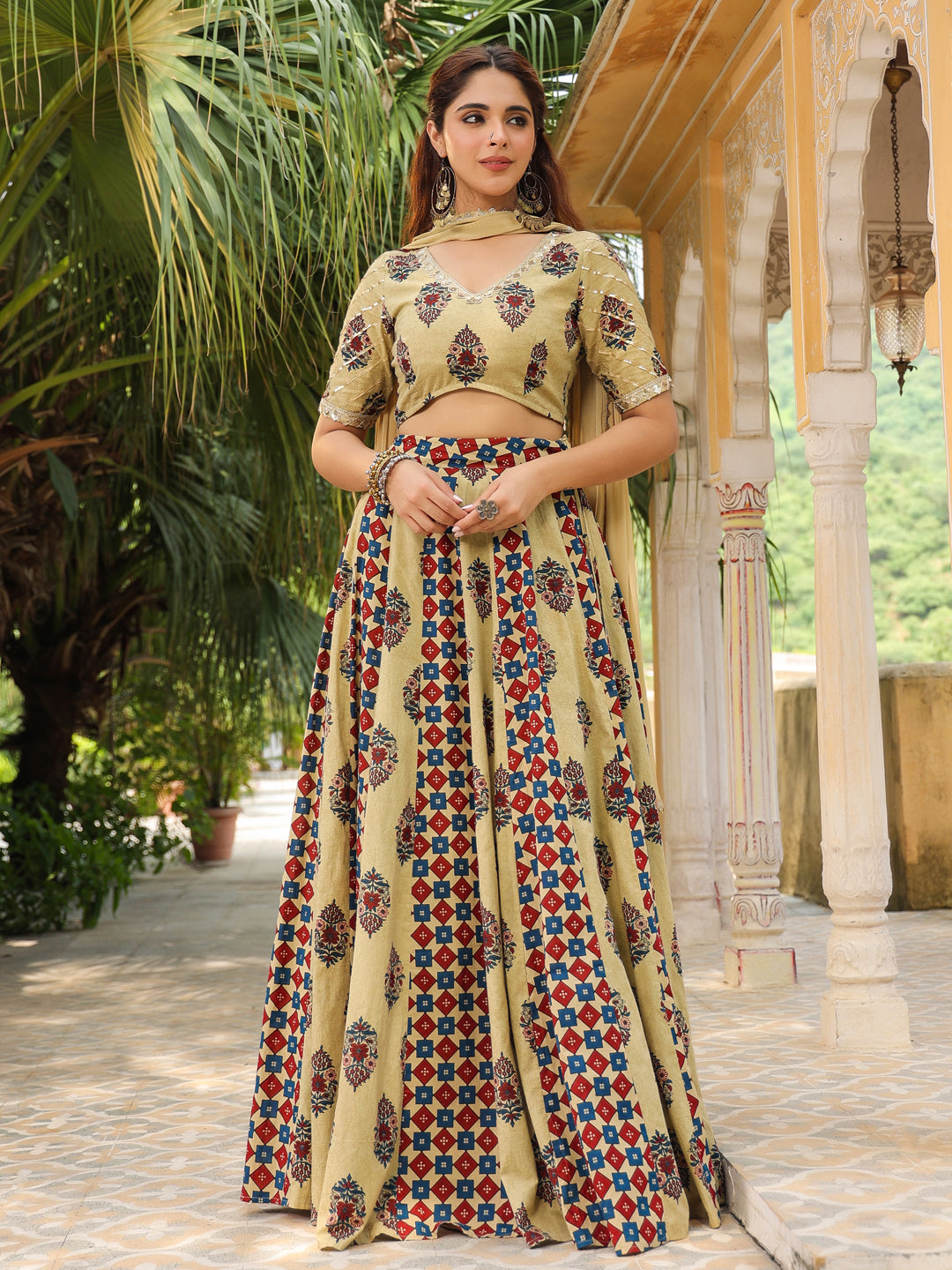 Janasya Beige Cambric Ethnic Motifs Lehenga Choli Dupatta | Grocsy