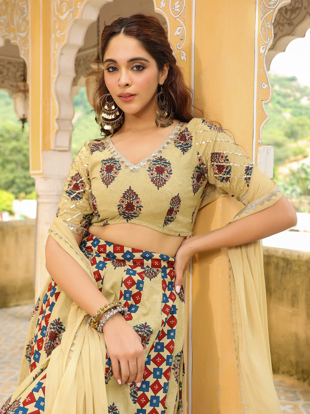Janasya Beige Cambric Ethnic Motifs Lehenga Choli Dupatta | Grocsy