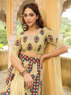 Janasya Beige Cambric Ethnic Motifs Lehenga Choli Dupatta | Grocsy