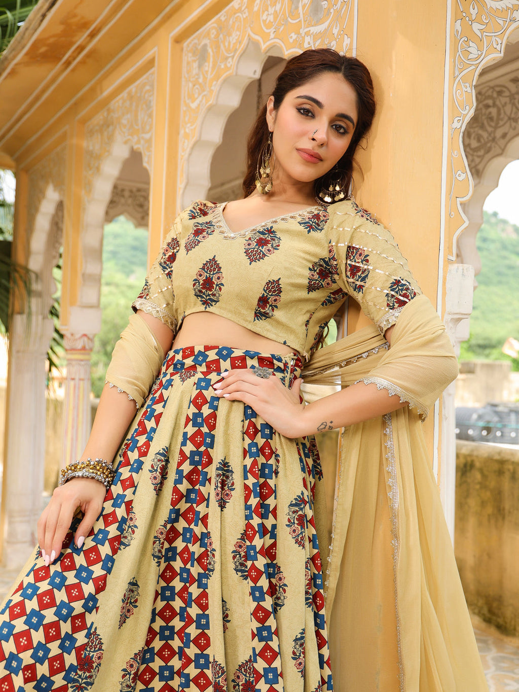 Janasya Beige Cambric Ethnic Motifs Lehenga Choli Dupatta | Grocsy