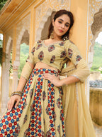 Janasya Beige Cambric Ethnic Motifs Lehenga Choli Dupatta | Grocsy
