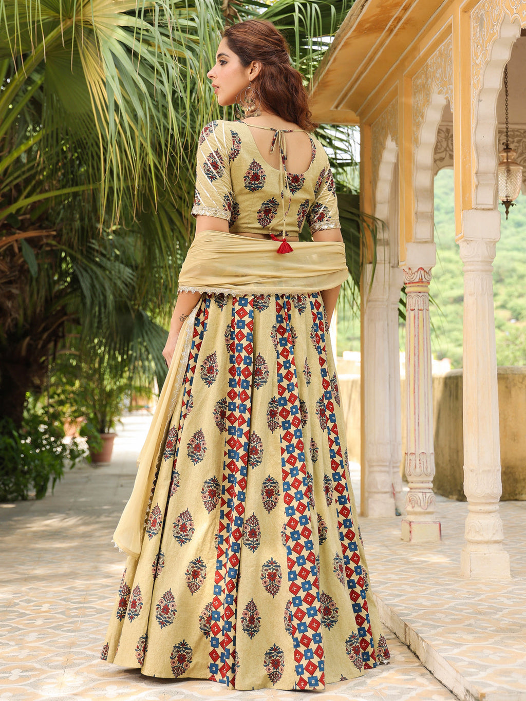 Janasya Beige Cambric Ethnic Motifs Lehenga Choli Dupatta | Grocsy
