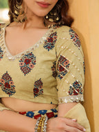 Janasya Beige Cambric Ethnic Motifs Lehenga Choli Dupatta | Grocsy