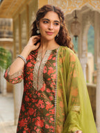 Janasya Olive Velvet Floral Set | Grocsy