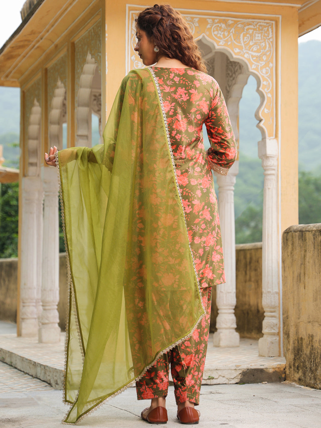 Janasya Olive Velvet Floral Set | Grocsy
