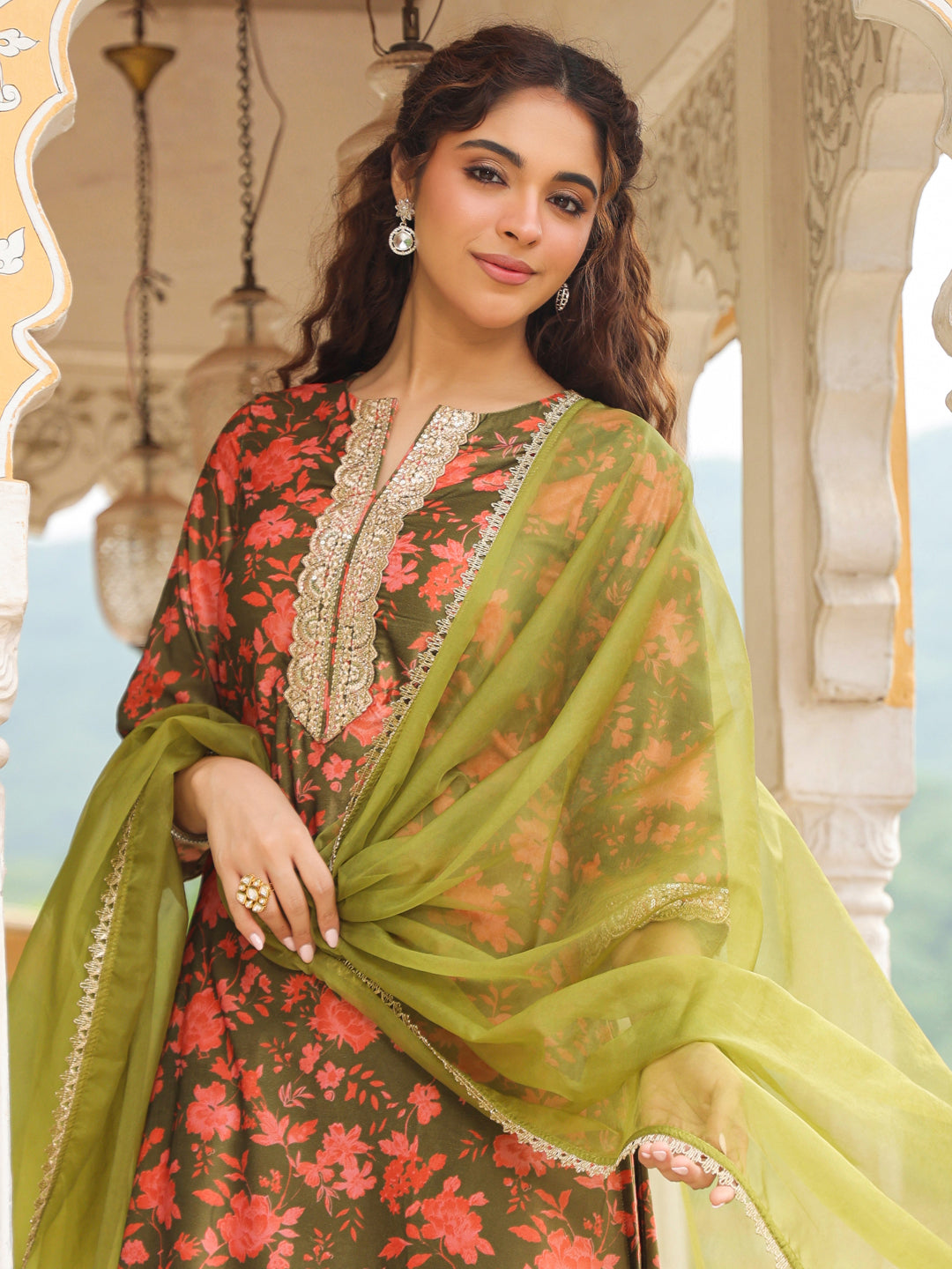 Janasya Olive Velvet Floral Set | Grocsy
