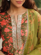 Janasya Olive Velvet Floral Set | Grocsy