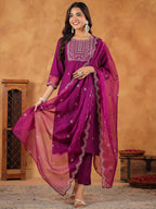 Janasya Purple Premium Chinnon Embroidered Kurta,Bottom & Dupatta | Grocsy