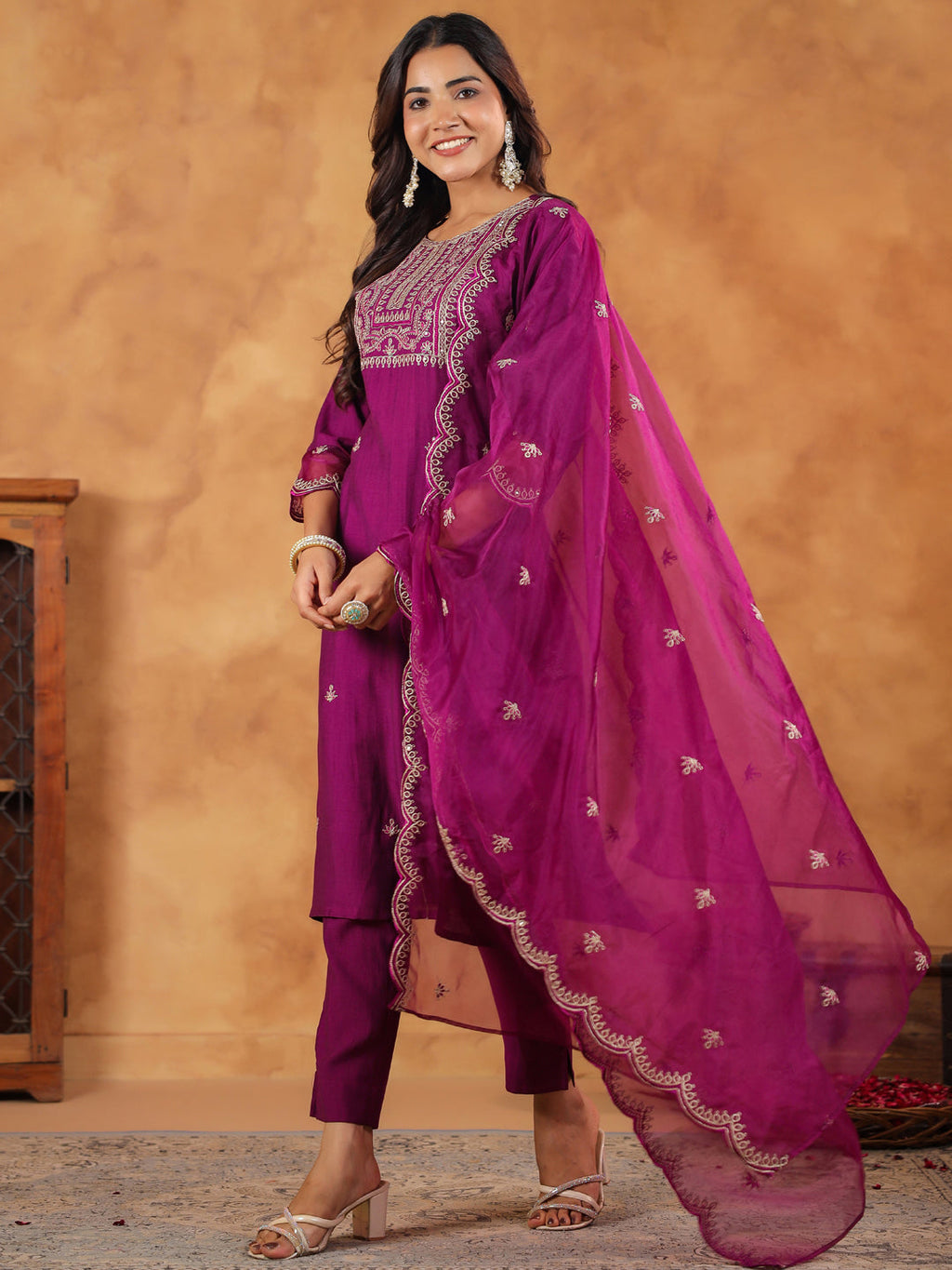 Janasya Purple Premium Chinnon Embroidered Kurta,Bottom & Dupatta | Grocsy