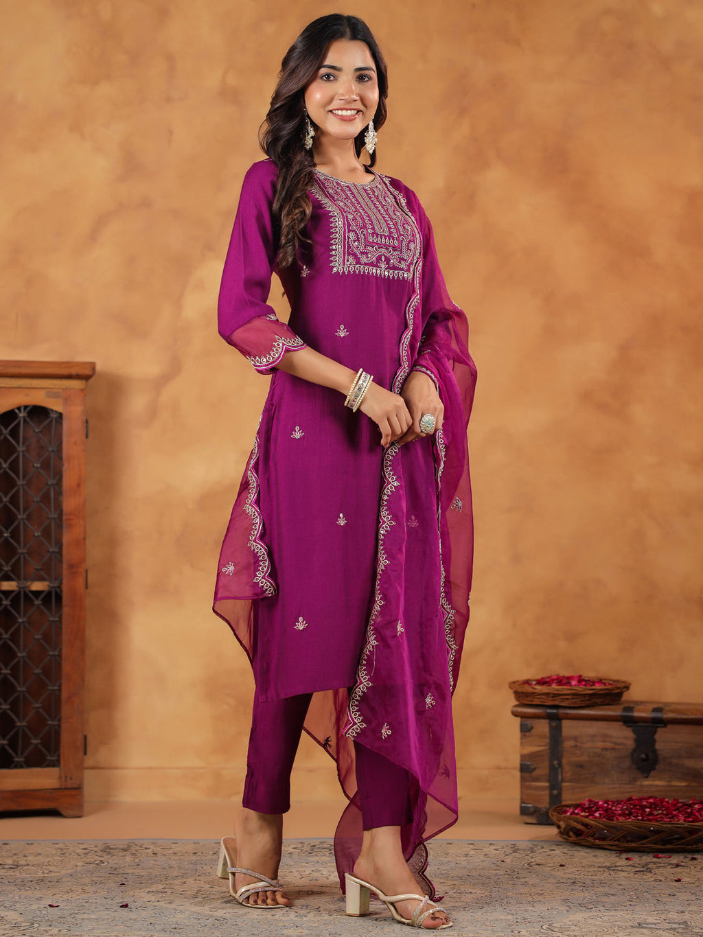 Janasya Purple Premium Chinnon Embroidered Kurta,Bottom & Dupatta | Grocsy