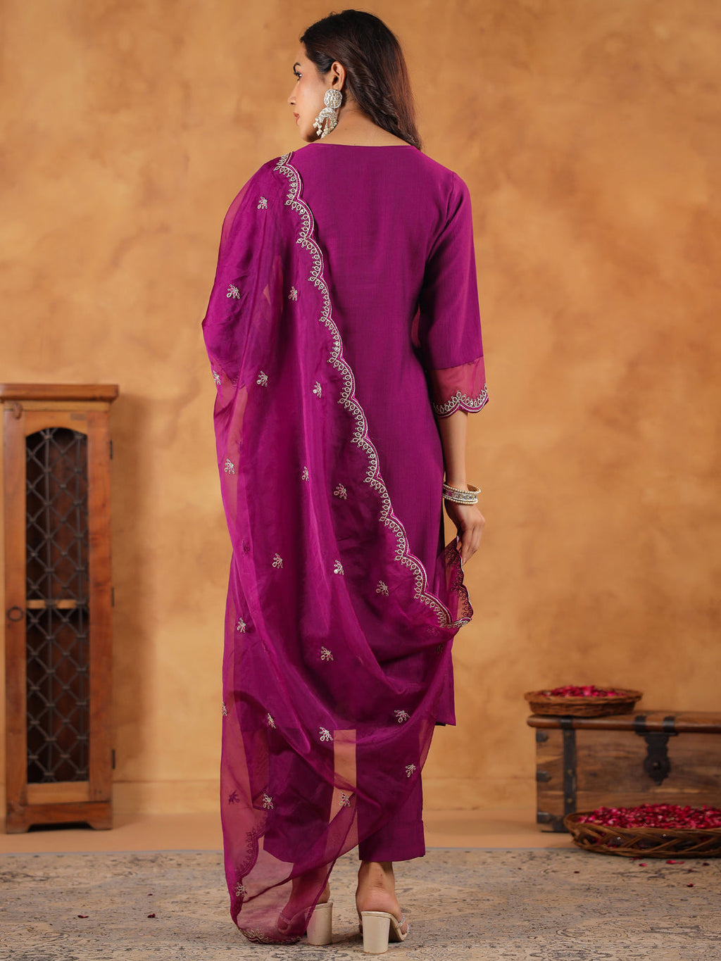 Janasya Purple Premium Chinnon Embroidered Kurta,Bottom & Dupatta | Grocsy