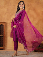 Janasya Purple Premium Chinnon Embroidered Kurta,Bottom & Dupatta | Grocsy