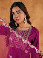 Janasya Purple Premium Chinnon Embroidered Kurta,Bottom & Dupatta | Grocsy