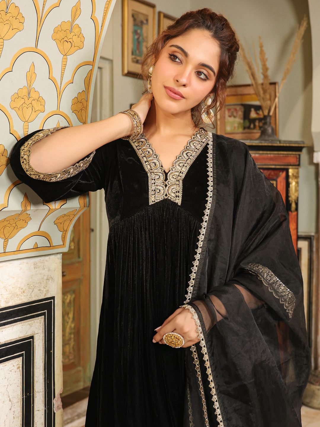 Janasya Black Velvet Embroidered Kurta,Bottom & Dupatta | Grocsy