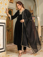 Janasya Black Velvet Embroidered Kurta,Bottom & Dupatta | Grocsy