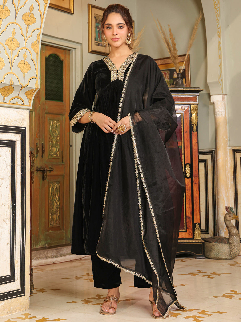 Janasya Black Velvet Embroidered Kurta,Bottom & Dupatta | Grocsy