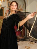 Janasya Black Velvet Embroidered Kurta,Bottom & Dupatta | Grocsy