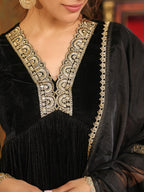 Janasya Black Velvet Embroidered Kurta,Bottom & Dupatta | Grocsy
