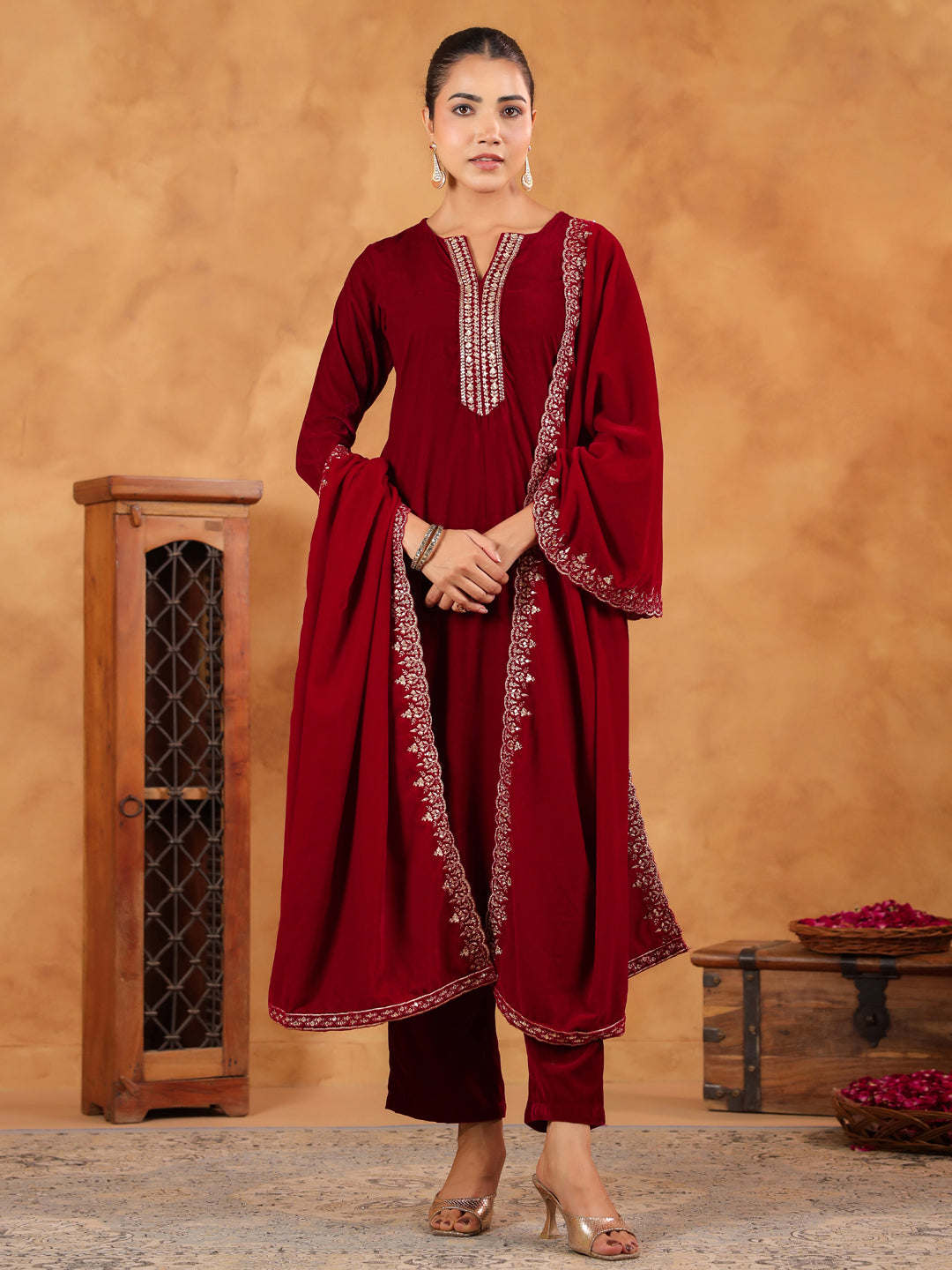 Janasya Maroon Velvet Embroidered Kurta,Bottom & Dupatta | Grocsy