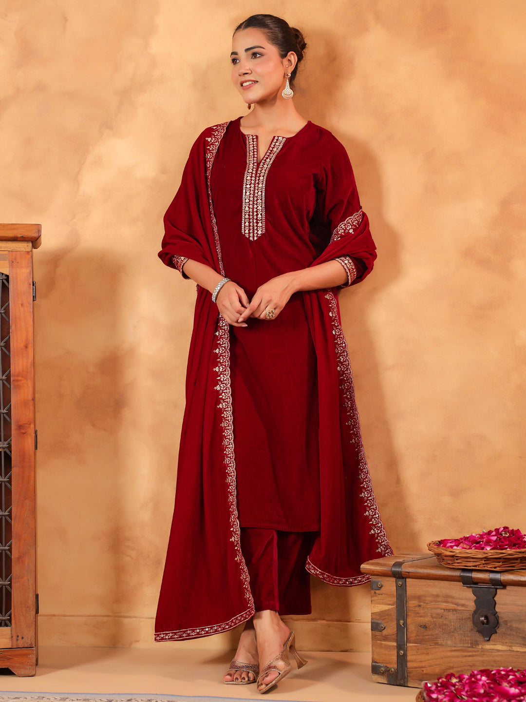 Janasya Maroon Velvet Embroidered Kurta,Bottom & Dupatta | Grocsy