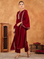 Janasya Maroon Velvet Embroidered Kurta,Bottom & Dupatta | Grocsy